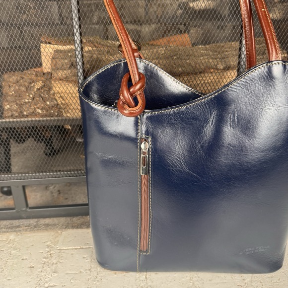 Vera Pelle Genuine Leather Solo Perche Backpack Purse Navy W/Brown Made In Italy - Picture 5 of 16